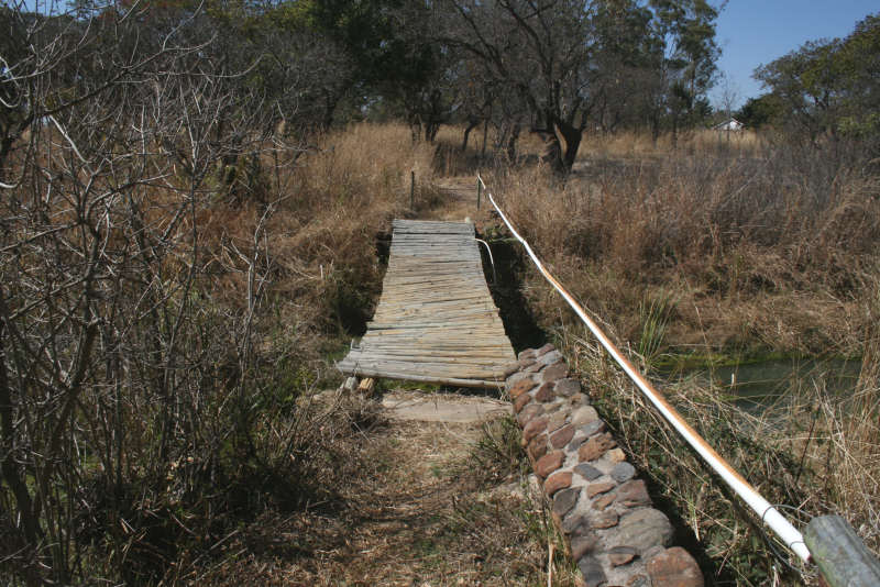 The footbridge over the Mukuvisi River, looking south towards Blatherwick Avenue. This bridge was swept away in heavy rains in the 2007/8 rainy season and was repaired in 2008. The footbridge over the Mukuvisi River, looking south towards Blatherwick Avenue. This bridge was swept away in heavy rains in the 2007/8 rainy season and was repaired in 2008.