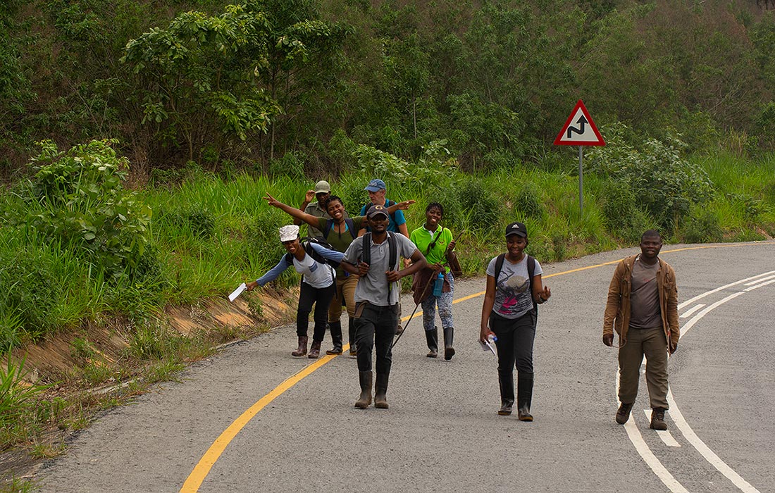 The Team returning from a day in Moribane Forest.